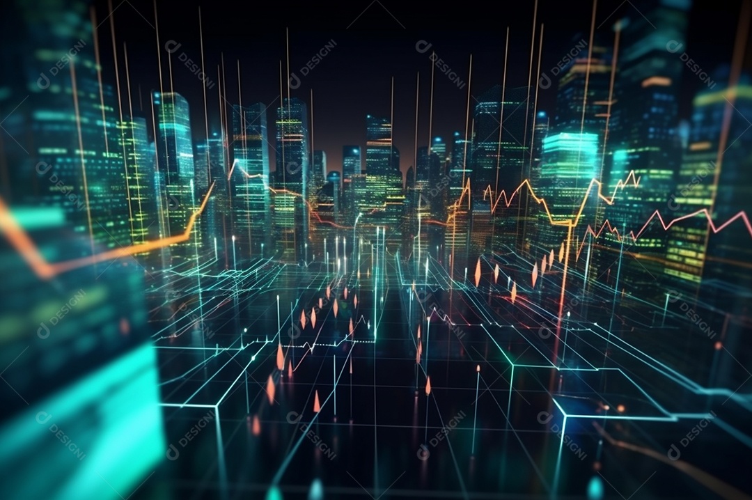 Design gráfico, diagrama estatístico iluminação azul neon com indicadores financeiros do mercado de ações e investimento.