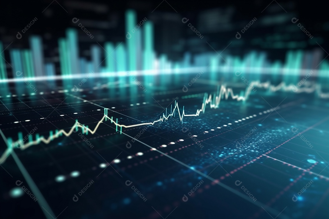 Design gráfico, diagrama estatístico iluminação azul neon com indicadores financeiros do mercado de ações e investimento.