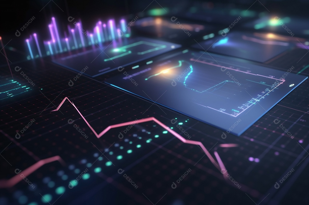 Design gráfico, diagrama estatístico iluminação azul neon com indicadores financeiros do mercado de ações e investimento.
