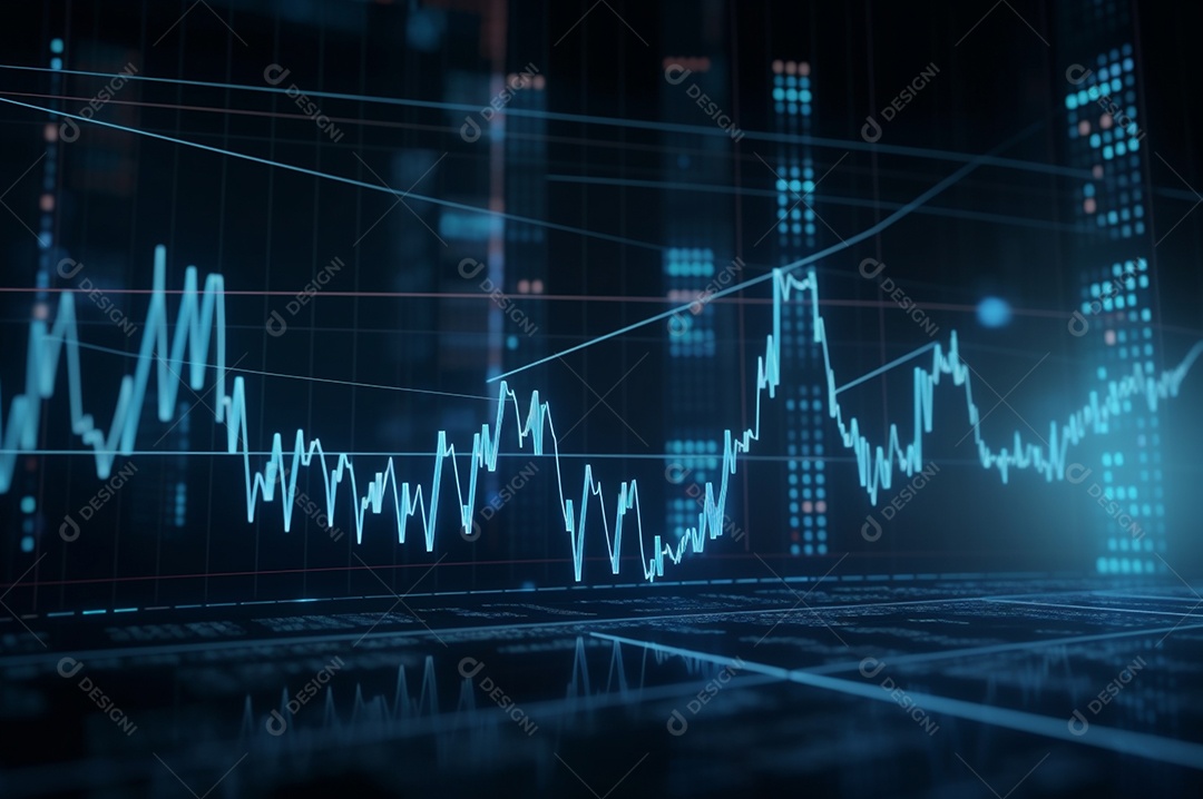 Design gráfico, diagrama estatístico iluminação azul neon com indicadores financeiros do mercado de ações e investimento.