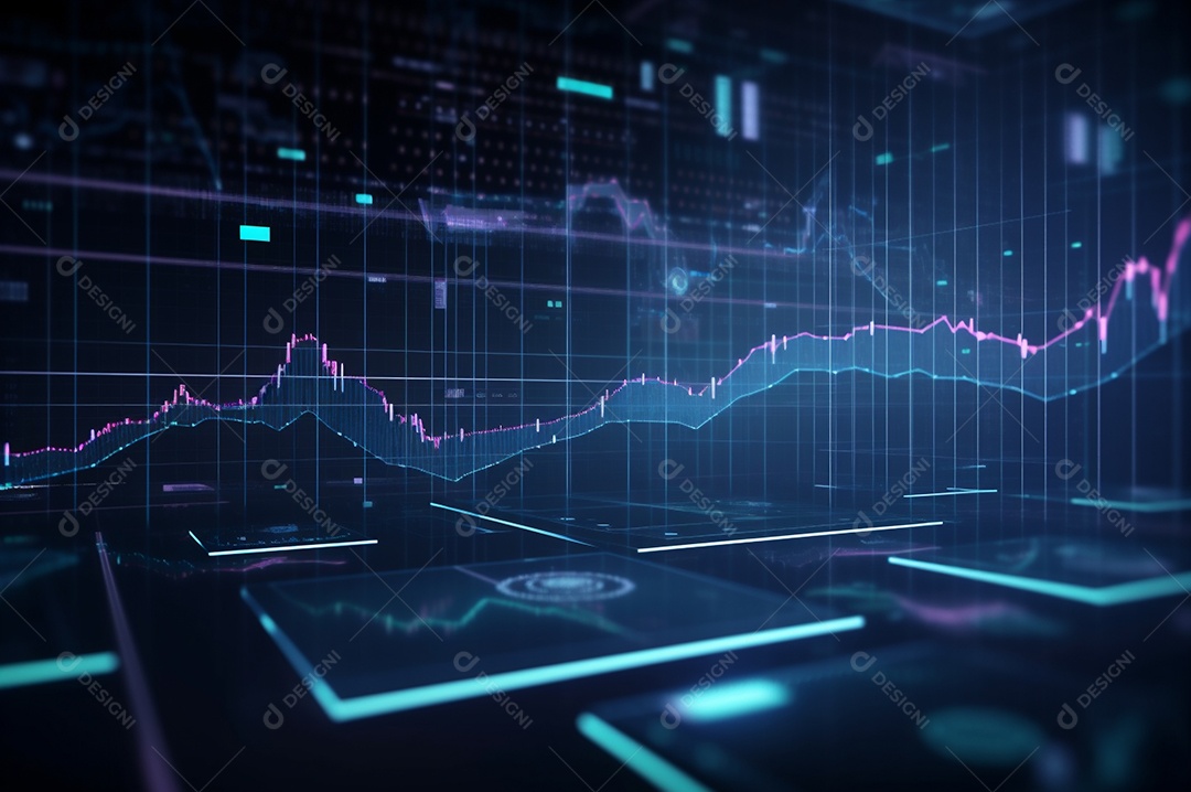 Design gráfico, diagrama estatístico iluminação azul neon com indicadores financeiros do mercado de ações e investimento.