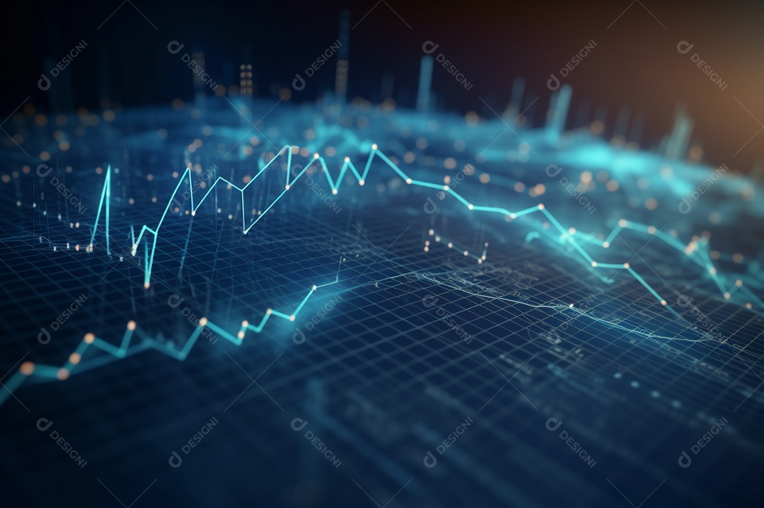 Design gráfico, diagrama estatístico iluminação azul neon com indicadores financeiros do mercado de ações e investimento.