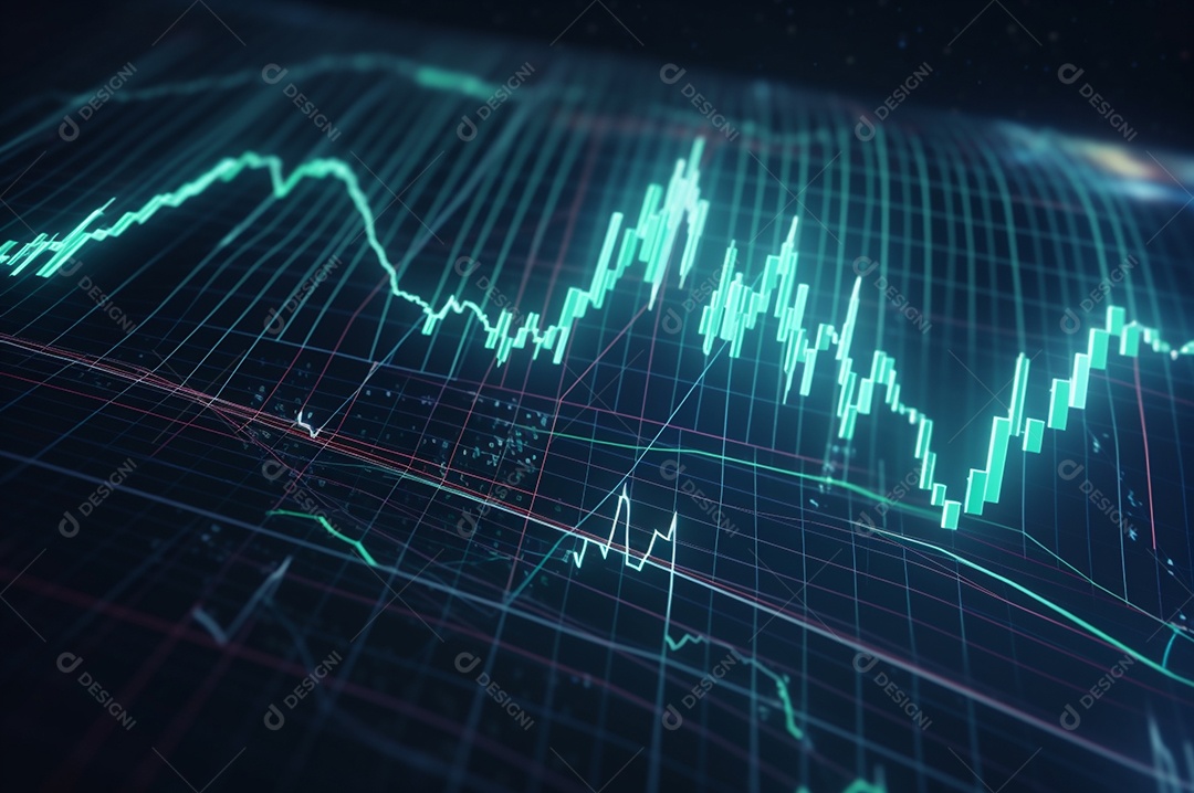 Design gráfico, diagrama estatístico iluminação azul neon com indicadores financeiros do mercado de ações e investimento.