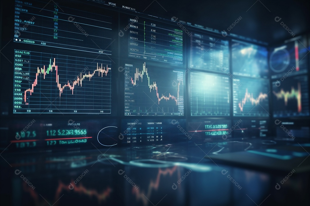 Design gráfico, diagrama estatístico iluminação azul neon com indicadores financeiros do mercado de ações e investimento.