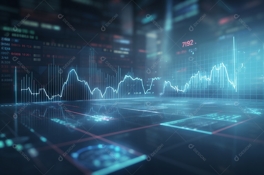 Design gráfico, diagrama estatístico iluminação azul neon com indicadores financeiros do mercado de ações e investimento.