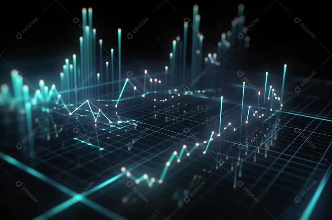 Design gráfico, diagrama estatístico iluminação azul neon com indicadores financeiros do mercado de ações e investimento.