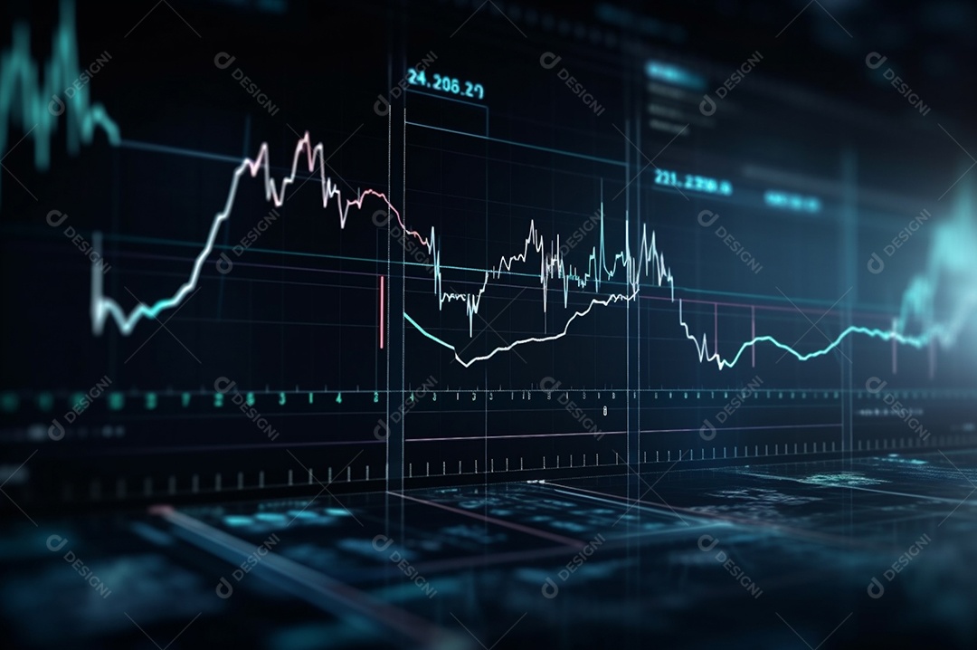 Design gráfico, diagrama estatístico iluminação azul neon com indicadores financeiros do mercado de ações e investimento.