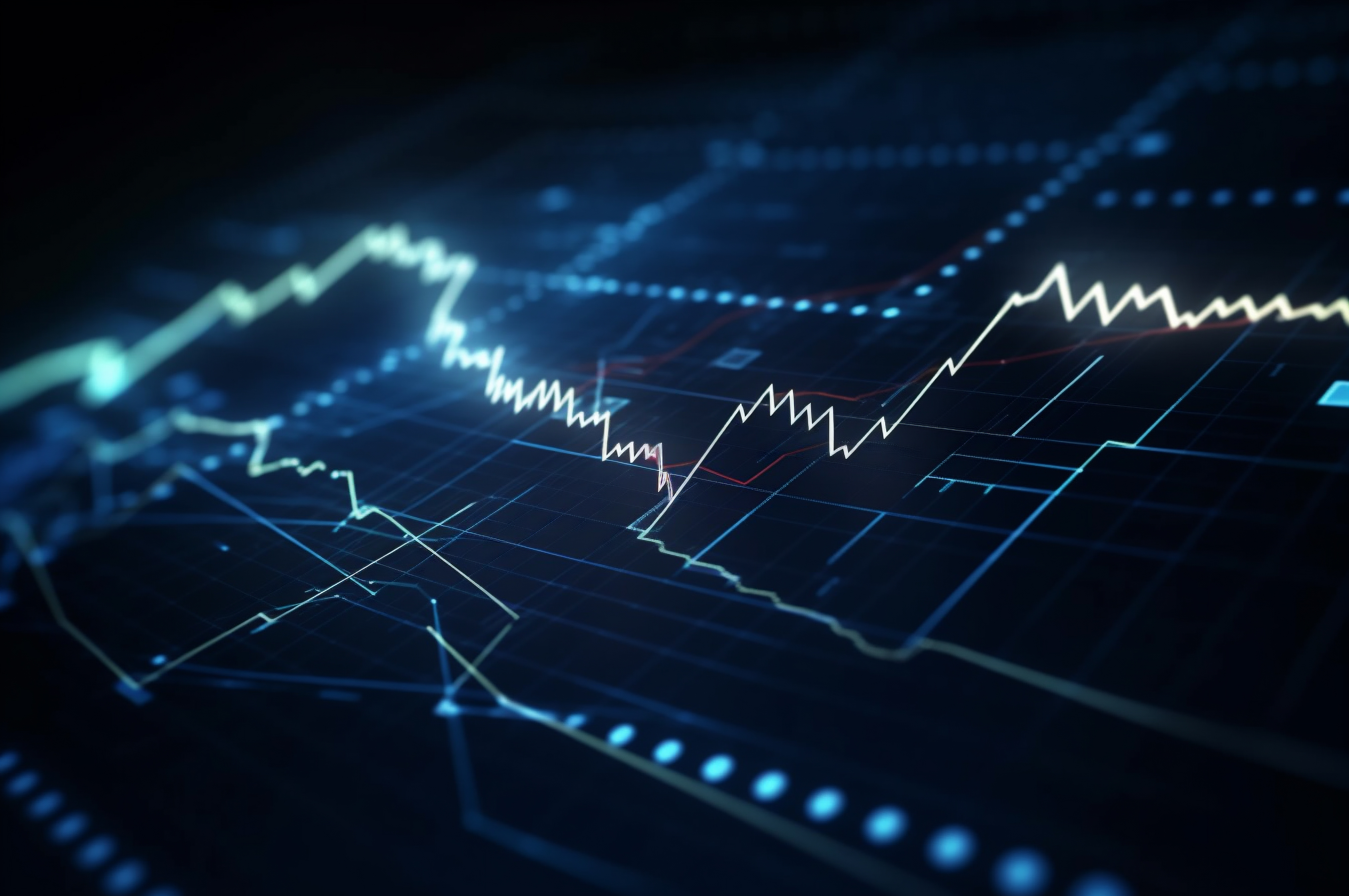 Design gráfico, diagrama estatístico iluminação azul neon com indicadores financeiros do mercado de ações e investimento.