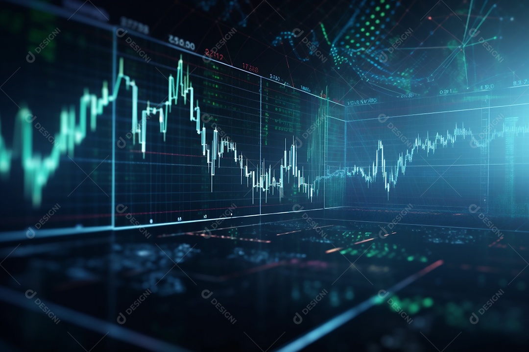 Design gráfico, diagrama estatístico iluminação azul neon com indicadores financeiros do mercado de ações e investimento.