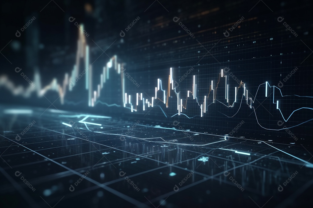 Design gráfico, diagrama estatístico iluminação azul neon com indicadores financeiros do mercado de ações e investimento.