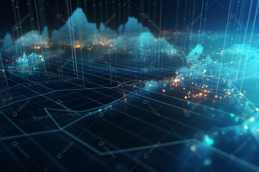 Design gráfico, diagrama estatístico iluminação azul neon com indicadores financeiros do mercado de ações e investimento.