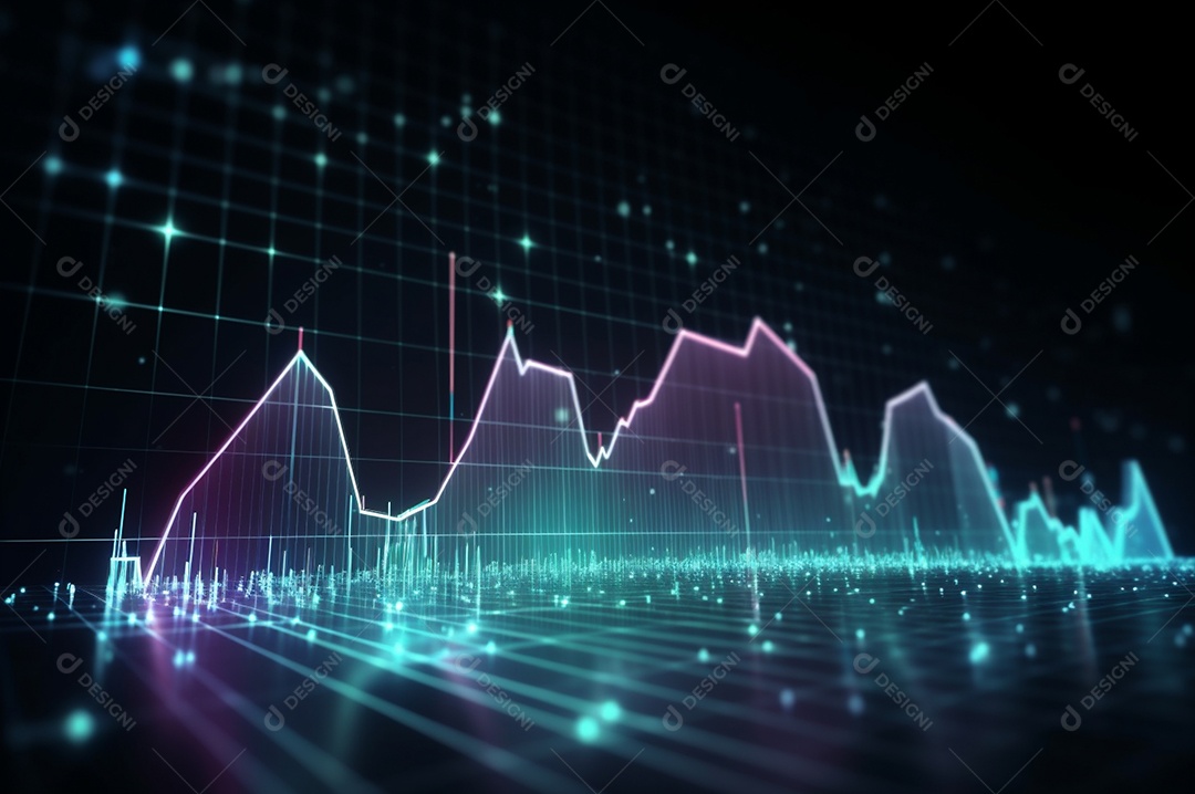 Design gráfico, diagrama estatístico iluminação azul neon com indicadores financeiros do mercado de ações e investimento.