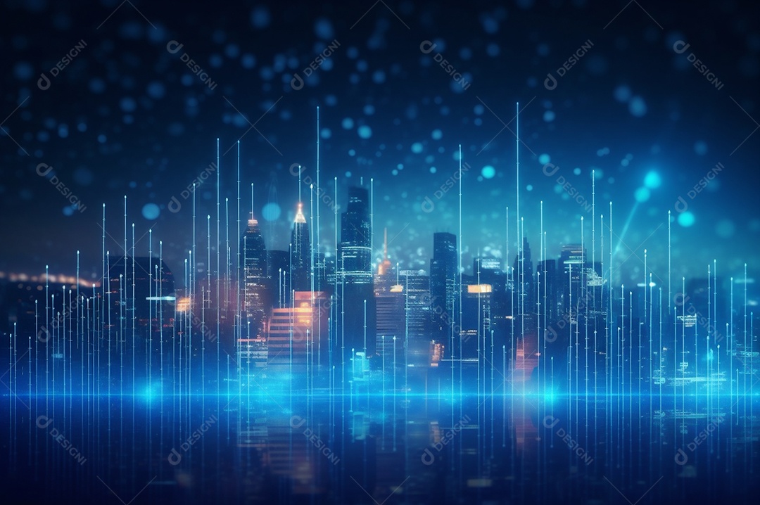 Gráfico, diagrama estatístico iluminação azul neon com indicadores financeiros e cidade de investimento turva no fundo.