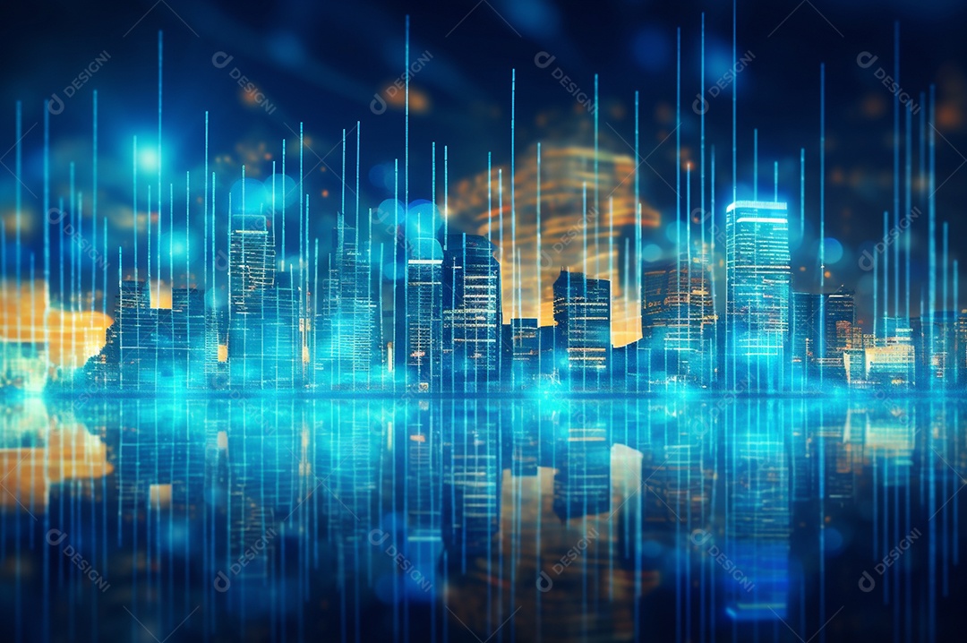 Gráfico, diagrama estatístico iluminação azul neon com indicadores financeiros e cidade de investimento turva no fundo.