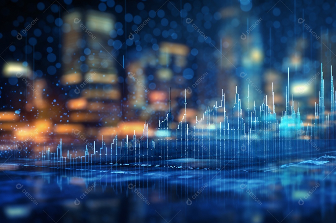 Gráfico, diagrama estatístico iluminação azul neon com indicadores financeiros e cidade de investimento turva no fundo.