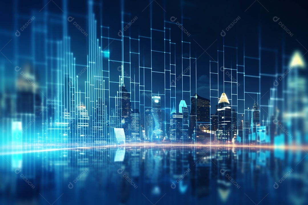 Gráfico, diagrama estatístico iluminação azul neon com indicadores financeiros e cidade de investimento turva no fundo.