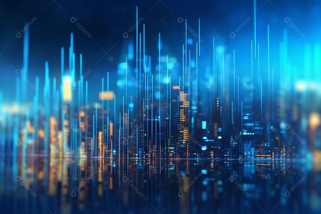 Gráfico, diagrama estatístico iluminação azul neon com indicadores financeiros e cidade de investimento turva no fundo.