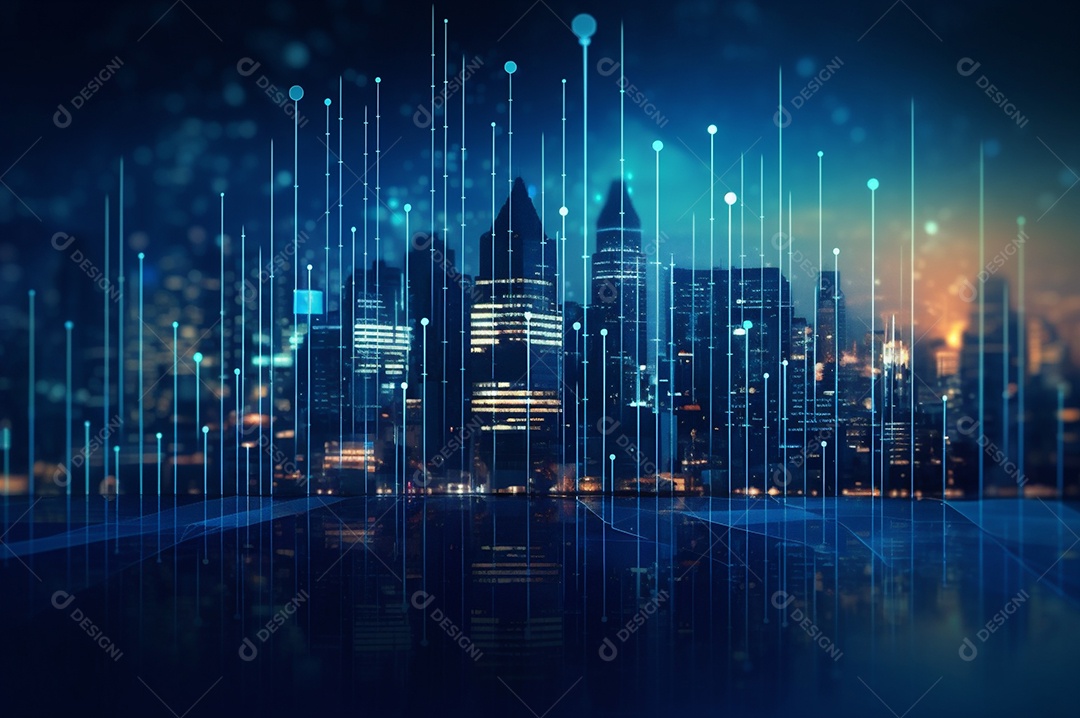 Gráfico, diagrama estatístico iluminação azul neon com indicadores financeiros e cidade de investimento turva no fundo.
