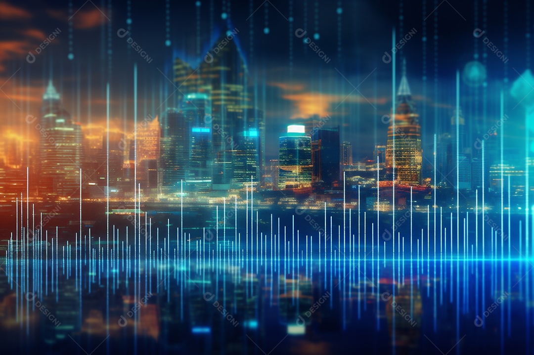 Gráfico, diagrama estatístico iluminação azul neon com indicadores financeiros e cidade de investimento turva no fundo.