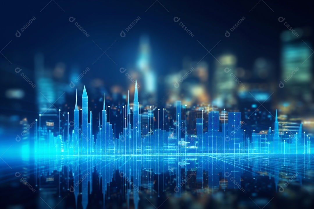 Gráfico, diagrama estatístico iluminação azul neon com indicadores financeiros e cidade de investimento turva no fundo.