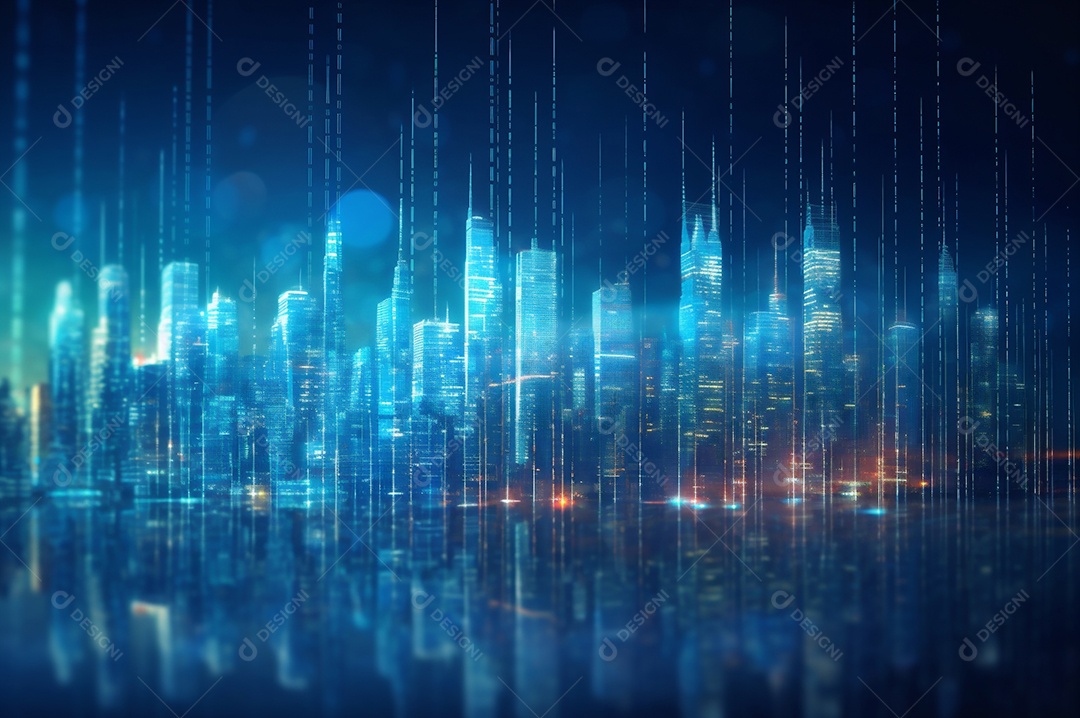 Gráfico, diagrama estatístico iluminação azul neon com indicadores financeiros e cidade de investimento turva no fundo.