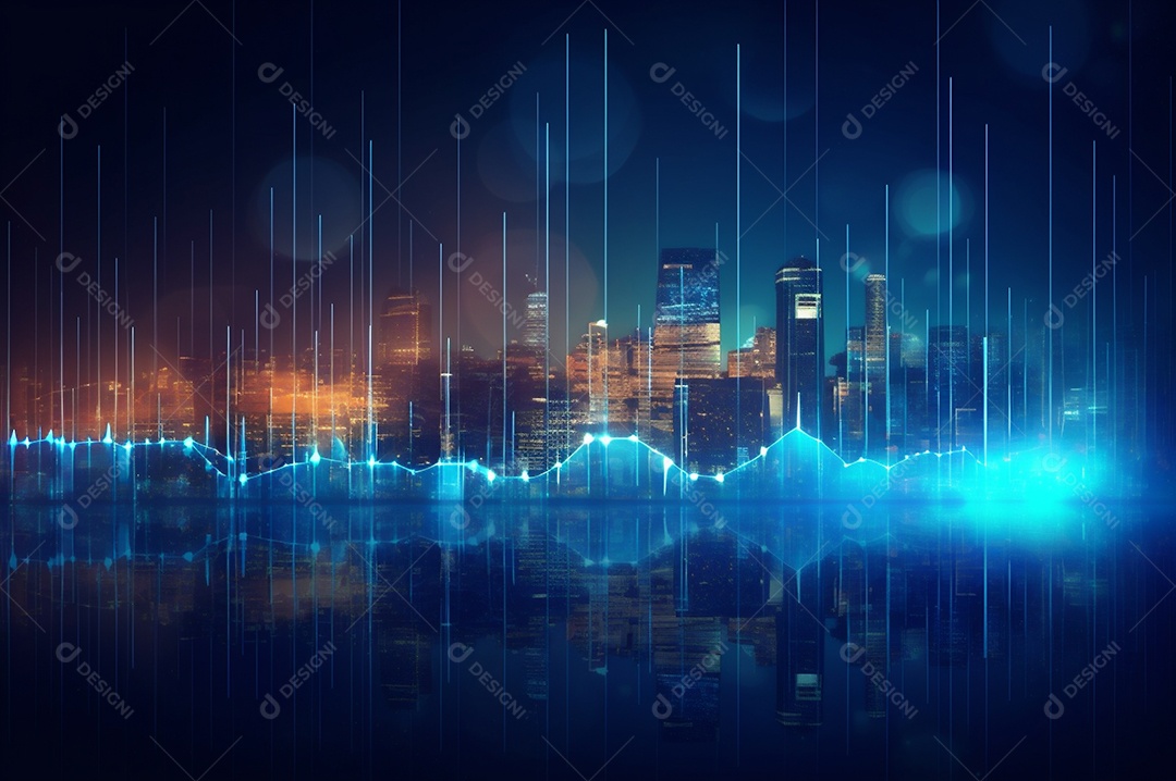 Gráfico, diagrama estatístico iluminação azul neon com indicadores financeiros e cidade de investimento turva no fundo.