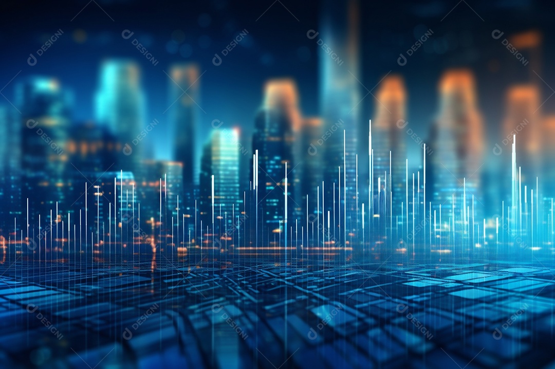 Gráfico, diagrama estatístico iluminação azul neon com indicadores financeiros e cidade de investimento turva no fundo.