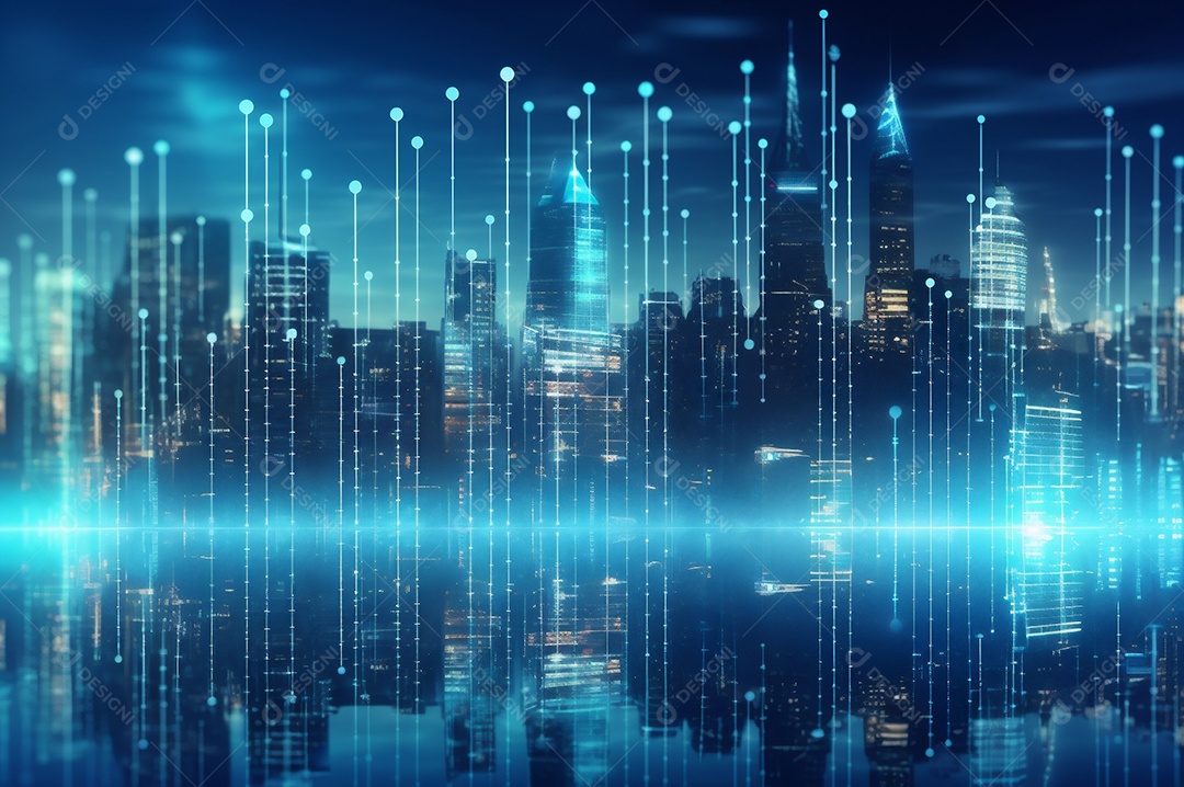 Gráfico, diagrama estatístico iluminação azul neon com indicadores financeiros e cidade de investimento turva no fundo.