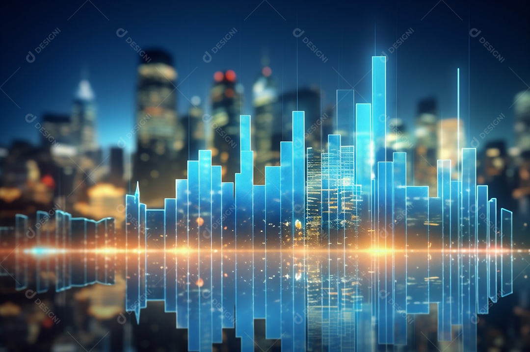 Gráfico, diagrama estatístico iluminação azul neon com indicadores financeiros e cidade de investimento turva no fundo.