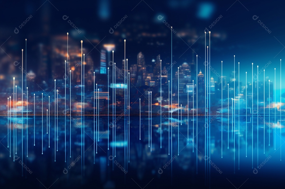 Gráfico, diagrama estatístico iluminação azul neon com indicadores financeiros e cidade de investimento turva no fundo.