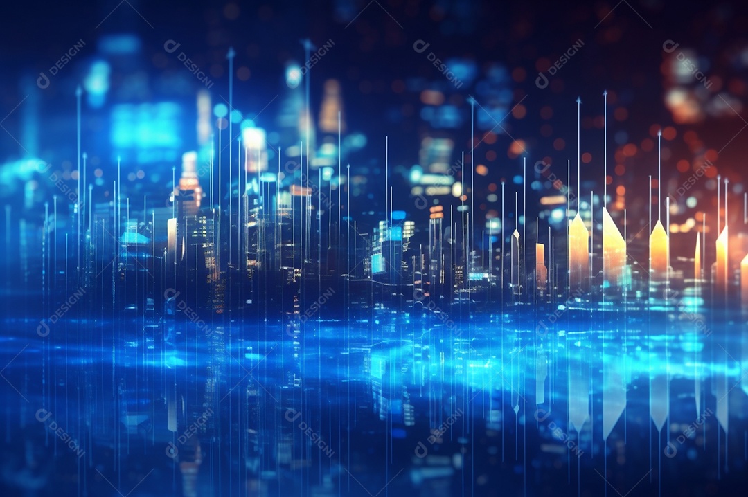 Gráfico, diagrama estatístico iluminação azul neon com indicadores financeiros e cidade de investimento turva no fundo.