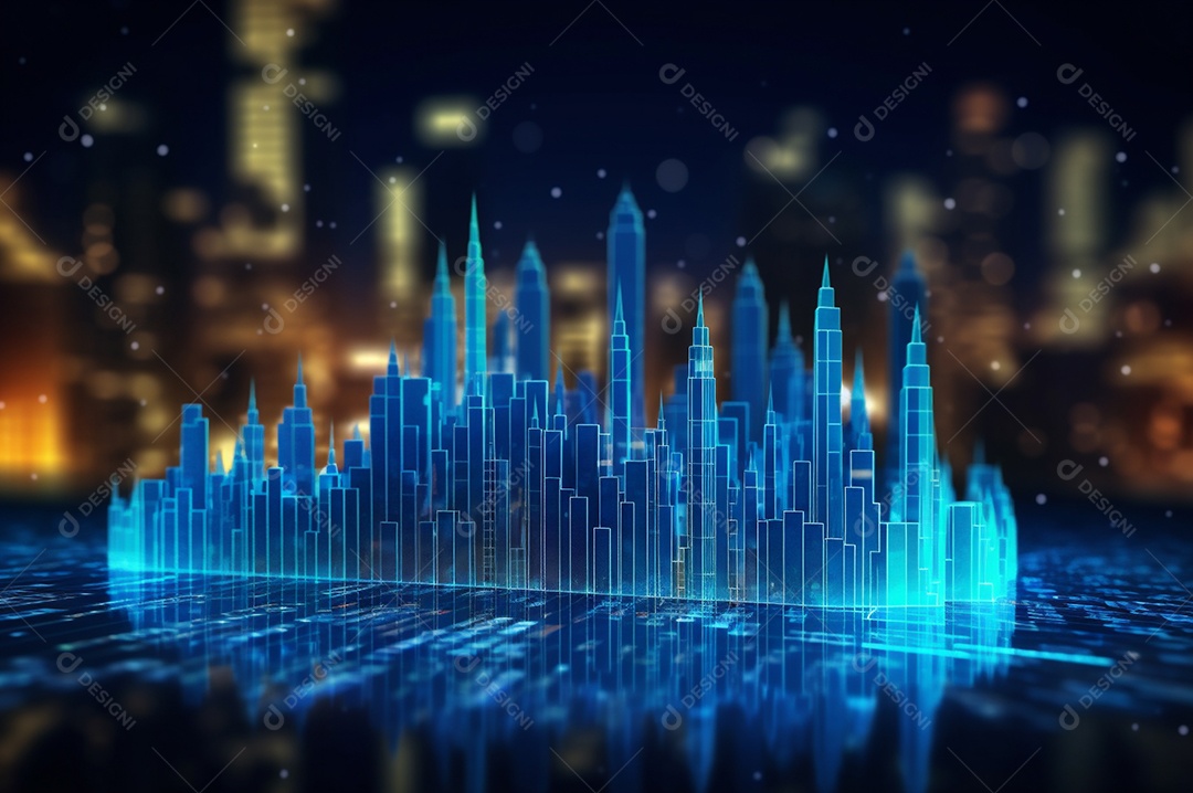 Gráfico, diagrama estatístico iluminação azul neon com indicadores financeiros e cidade de investimento turva no fundo.