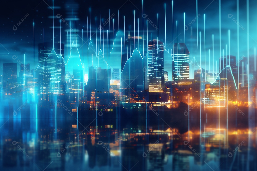 Gráfico, diagrama estatístico iluminação azul neon com indicadores financeiros e cidade de investimento turva no fundo.