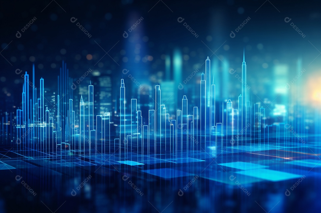 Gráfico, diagrama estatístico iluminação azul neon com indicadores financeiros e cidade de investimento turva no fundo.