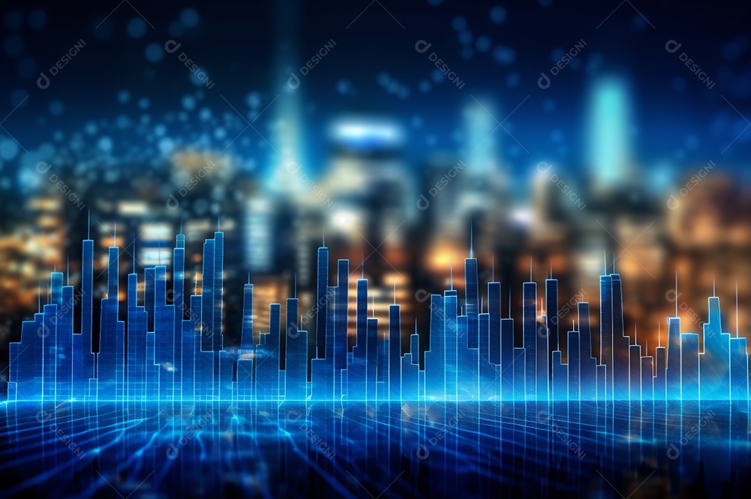 Gráfico, diagrama estatístico iluminação azul neon com indicadores financeiros e cidade de investimento turva no fundo.