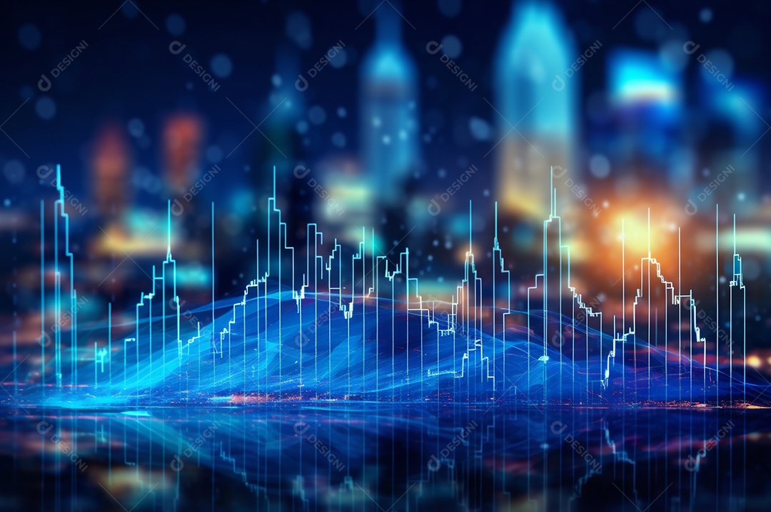 Gráfico, diagrama estatístico iluminação azul neon com indicadores financeiros e cidade de investimento turva no fundo.