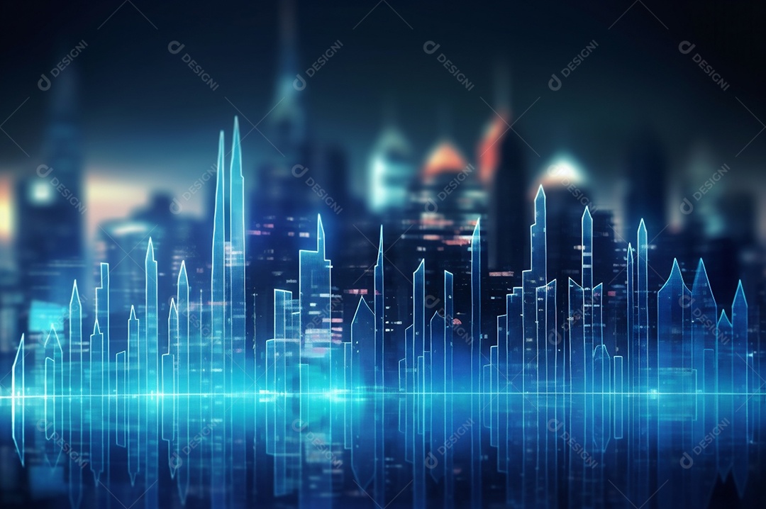 Gráfico, diagrama estatístico iluminação azul neon com indicadores financeiros e cidade de investimento turva no fundo.
