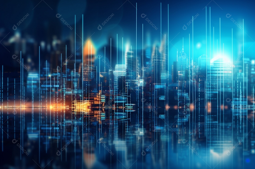 Gráfico, diagrama estatístico iluminação azul neon com indicadores financeiros e cidade de investimento turva no fundo.