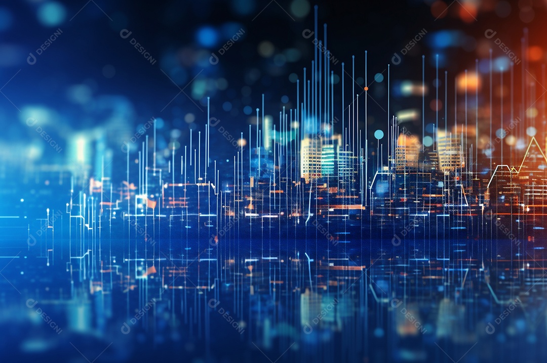 Gráfico, diagrama estatístico iluminação azul neon com indicadores financeiros e cidade de investimento turva no fundo.