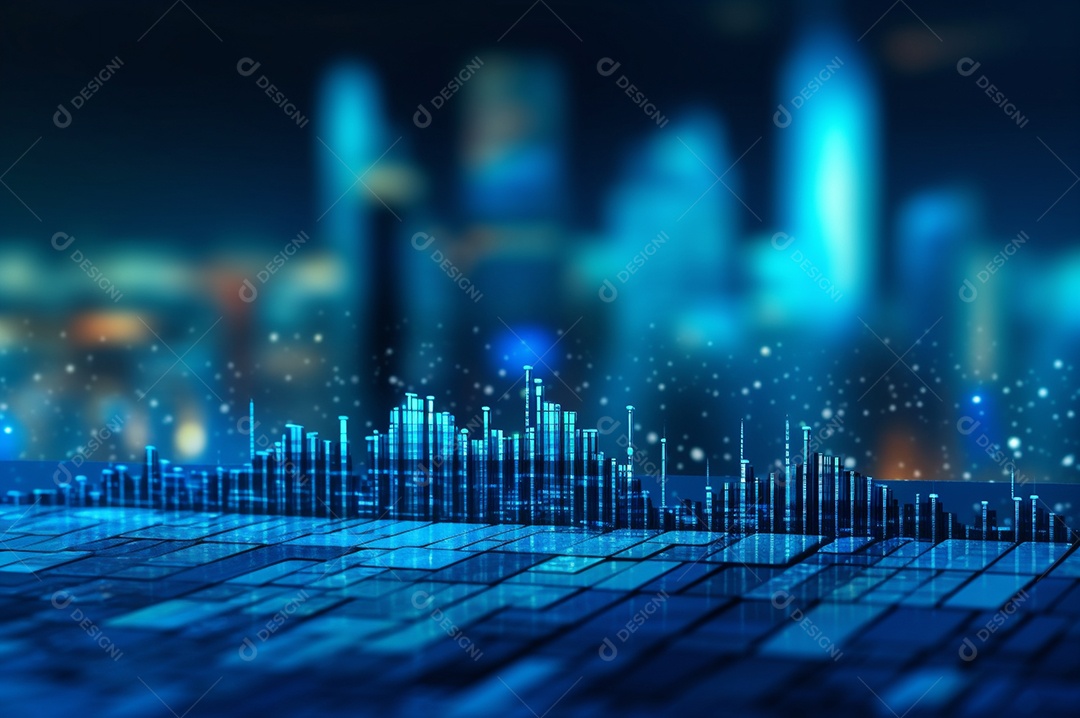 Gráfico, diagrama estatístico iluminação azul neon com indicadores financeiros e cidade de investimento turva no fundo.