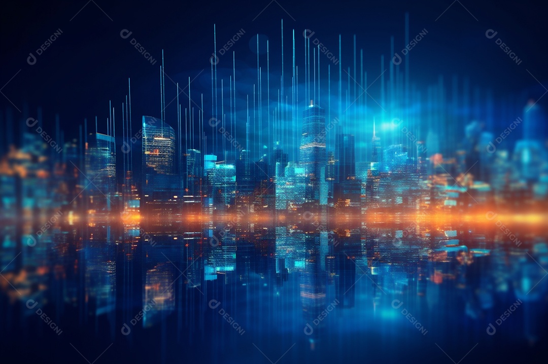 Gráfico, diagrama estatístico iluminação azul neon com indicadores financeiros e cidade de investimento turva no fundo.