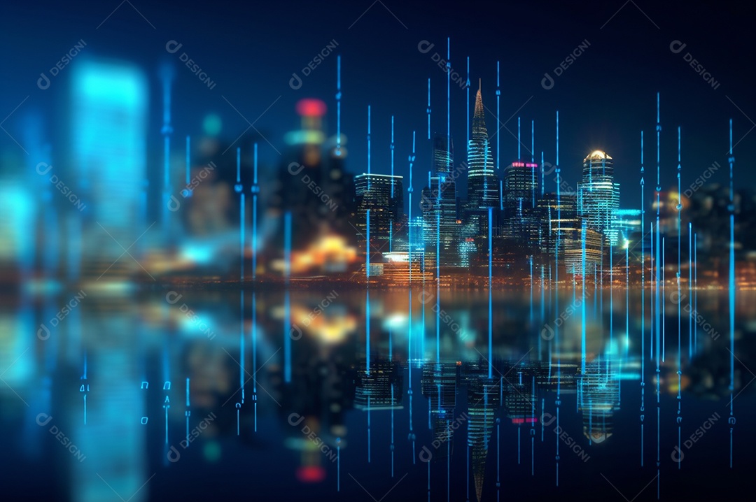 Gráfico, diagrama estatístico iluminação azul neon com indicadores financeiros e cidade de investimento turva no fundo.