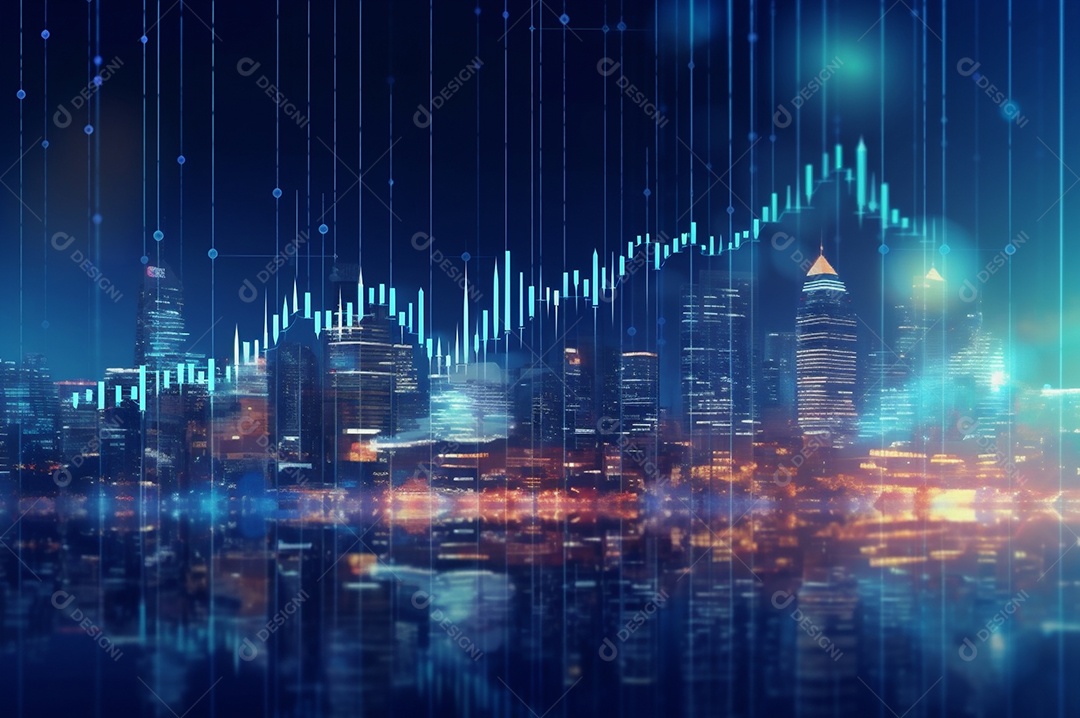 Gráfico, diagrama estatístico iluminação azul neon com indicadores financeiros e cidade de investimento turva no fundo.