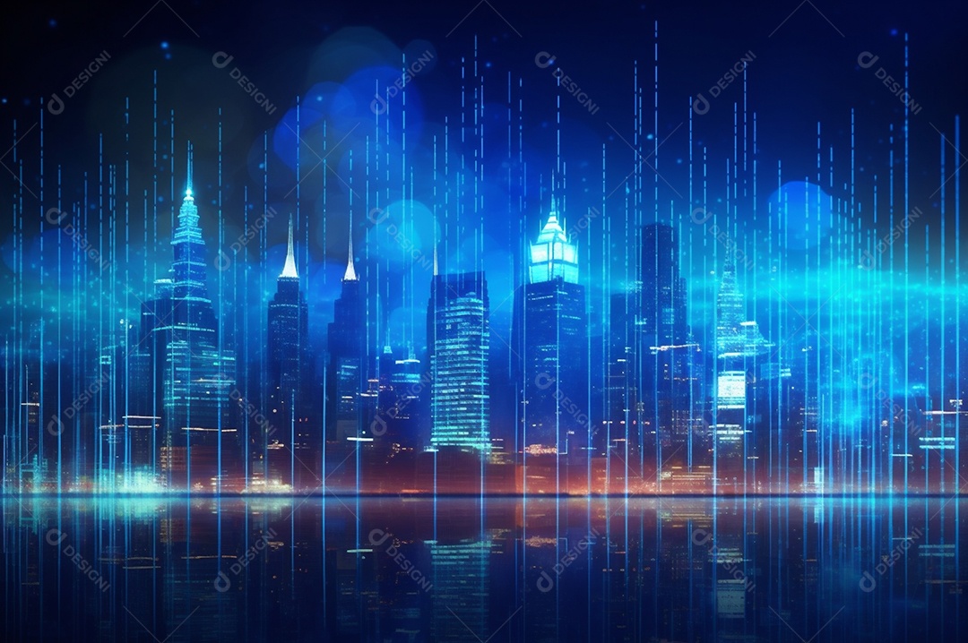 Gráfico, diagrama estatístico iluminação azul neon com indicadores financeiros e cidade de investimento turva no fundo.