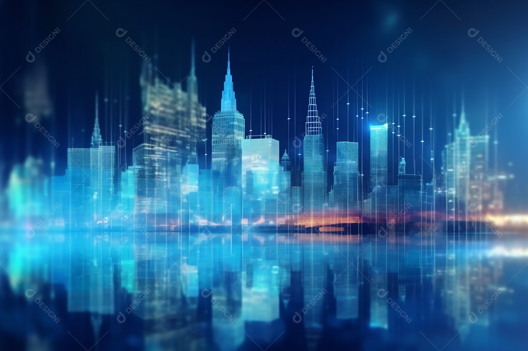 Gráfico, diagrama estatístico iluminação azul neon com indicadores financeiros e cidade de investimento turva no fundo.