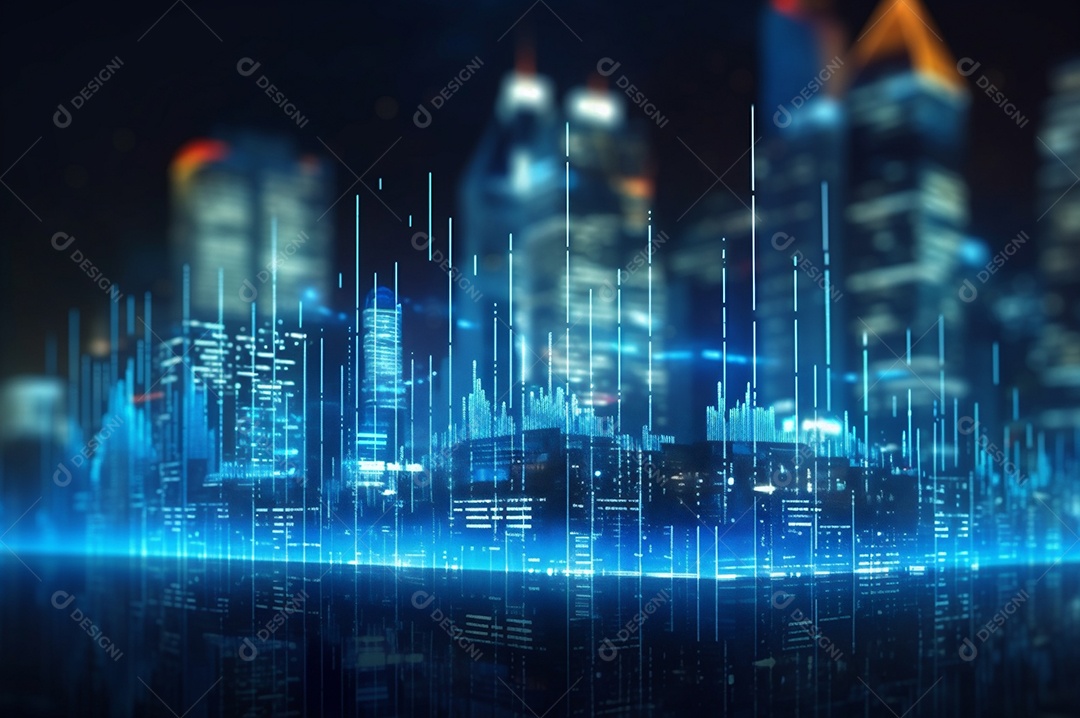 Gráfico, diagrama estatístico iluminação azul neon com indicadores financeiros e cidade de investimento turva no fundo.