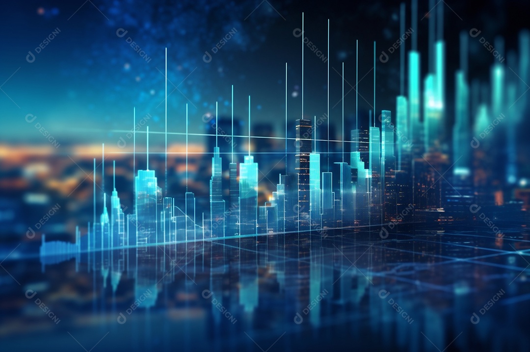 Gráfico, diagrama estatístico iluminação azul neon com indicadores financeiros e cidade de investimento turva no fundo.