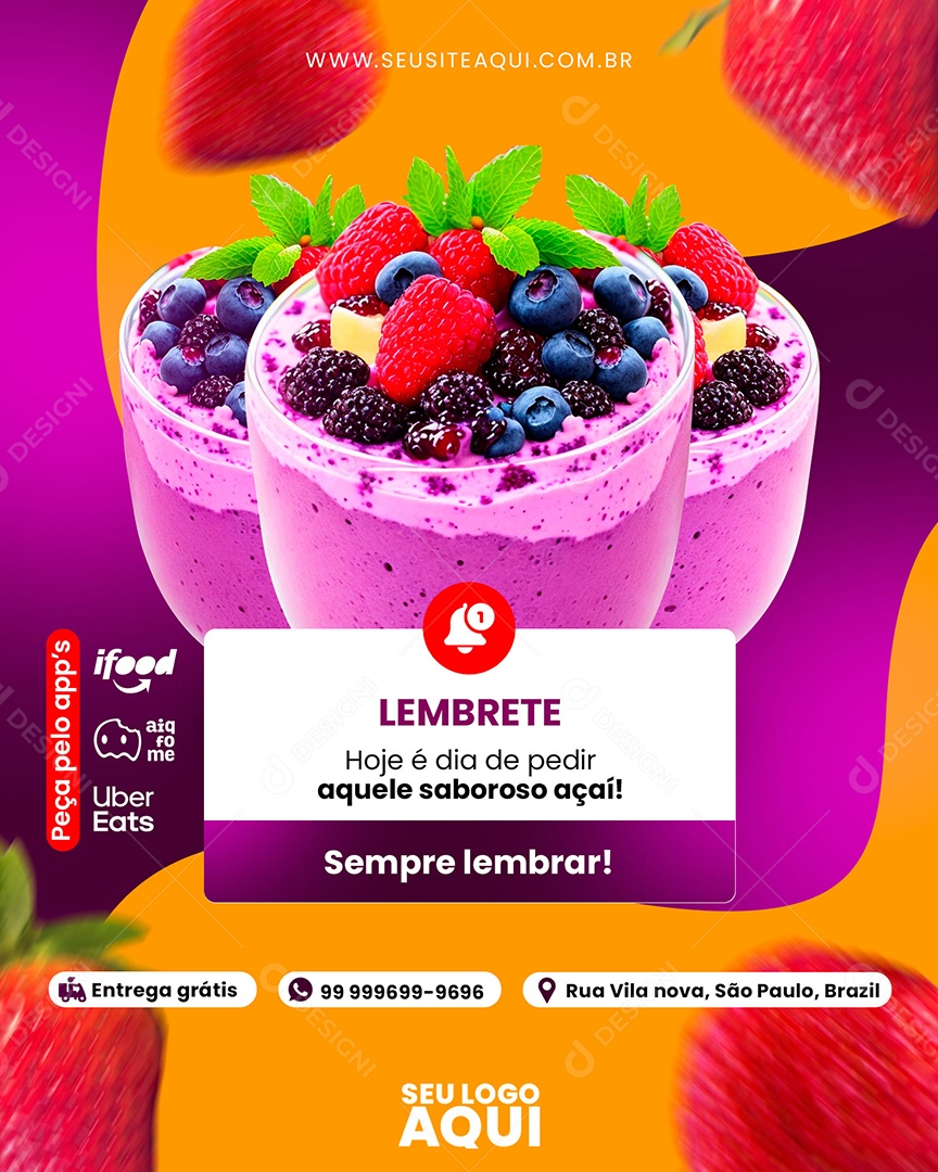 Lembrete Pedir Aquele Saboroso Açaí Social Media PSD Editável
