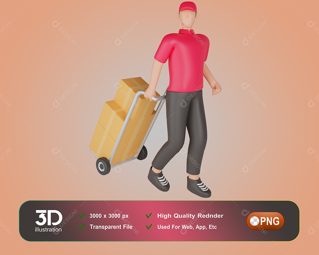 Entregador Puxando Carrinho De Encomendas Elemento 3D Para Composição PSD