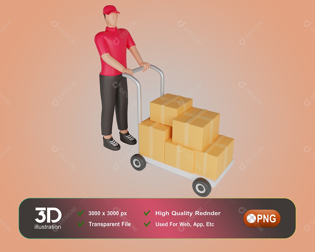 Entregador Empurrando Carrinho De Encomendas Elemento 3D Para Composição PSD